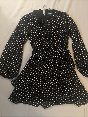 Express Women’s Black and White Polka Dot Long Sleeve Dress w/ Matching Tie Belt